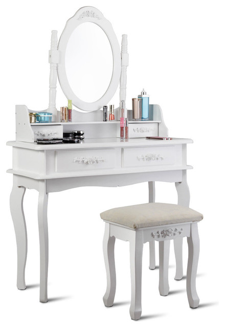 Costway White Vanity Makeup Dressing Table Set Mirror W Stool 4 Drawer Traditional Bedroom Makeup Vanities By Goplus Corp
