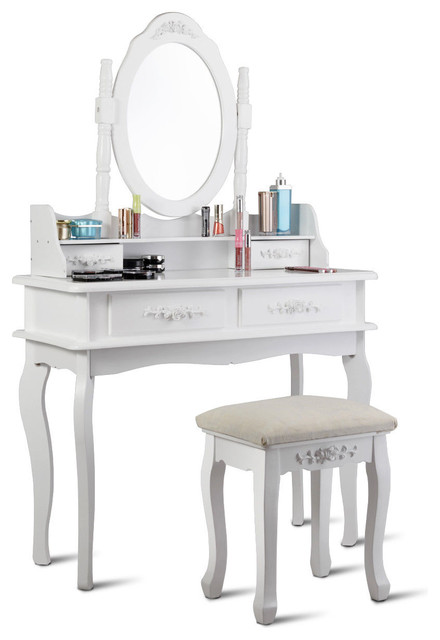 Costway White Vanity Makeup Dressing Table Set Mirror W Stool 4 Drawer Traditional Bedroom Vanities By Goplus Corp Houzz Costway White Vanity Makeup Dressing, Pearl Wooden Mirrored Makeup Vanity Table White