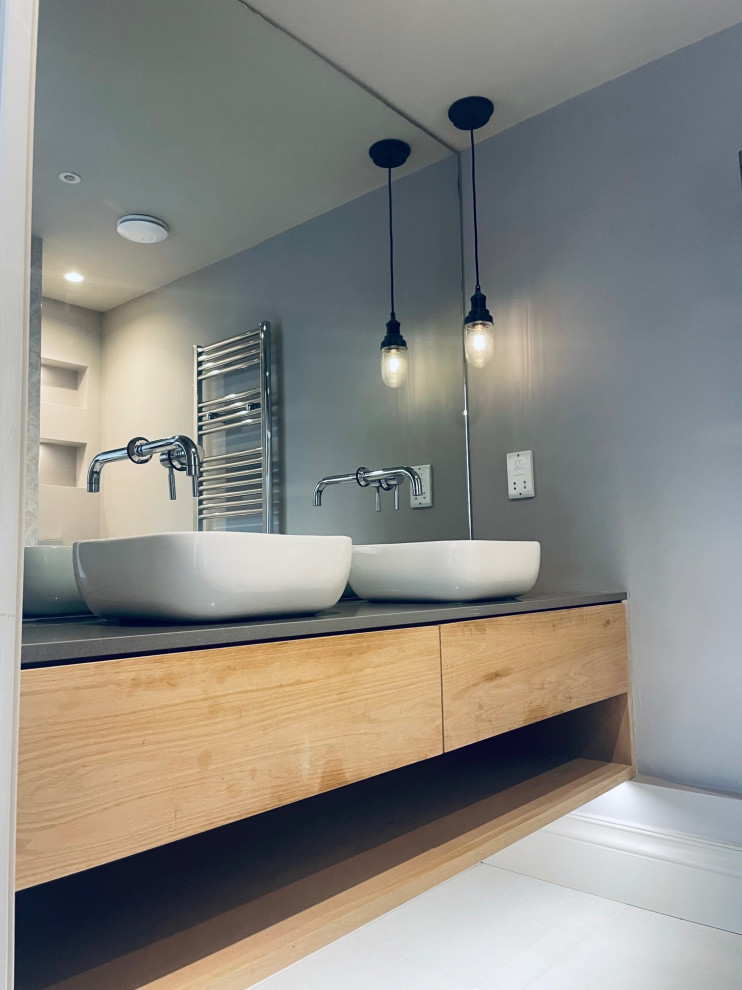 Bespoke oak bathroom furniture with industville pendant