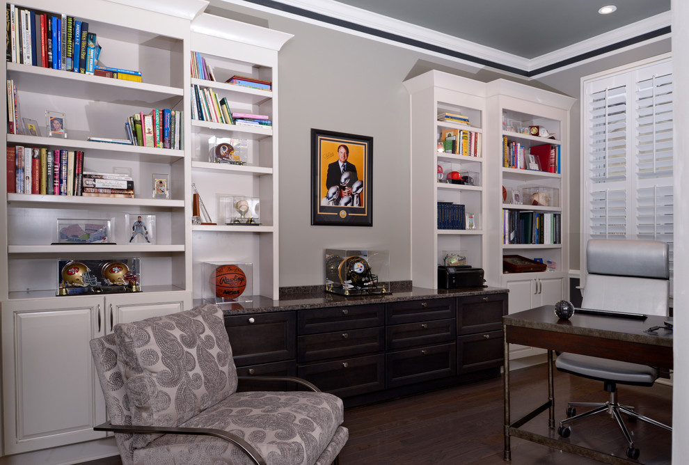 Mid-sized transitional study room in DC Metro with grey walls, dark hardwood floors, no fireplace and a freestanding desk.