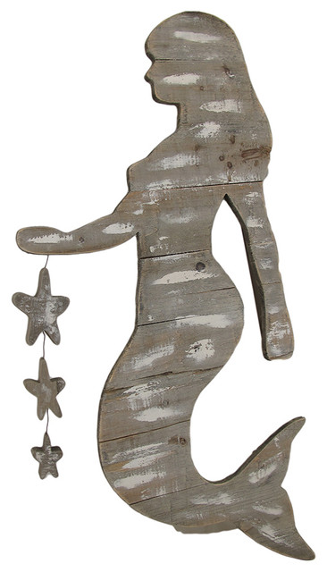 Weathered Finish Wooden Mermaid Wall Hanging Dangling Stars ... - Weathered Finish Wooden Mermaid Wall Hanging Dangling Stars beach-style-wall -sculptures