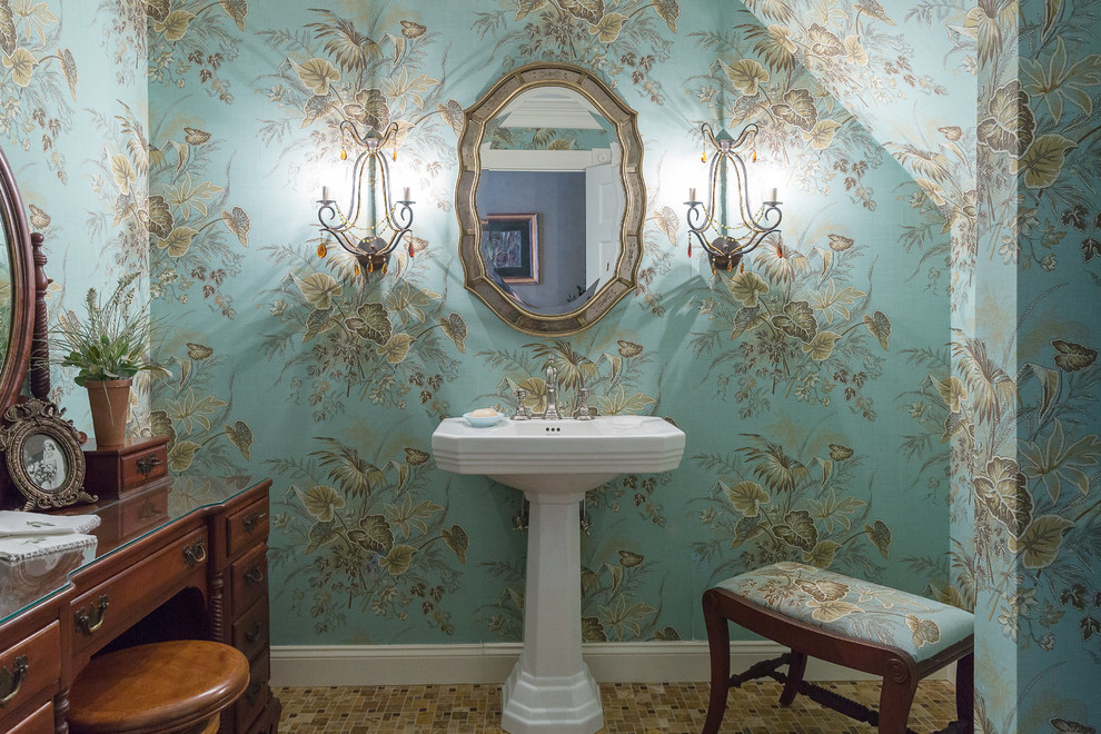 Mid-sized traditional powder room in New York with beige tile, mosaic tile, multi-coloured walls, mosaic tile floors and a pedestal sink.
