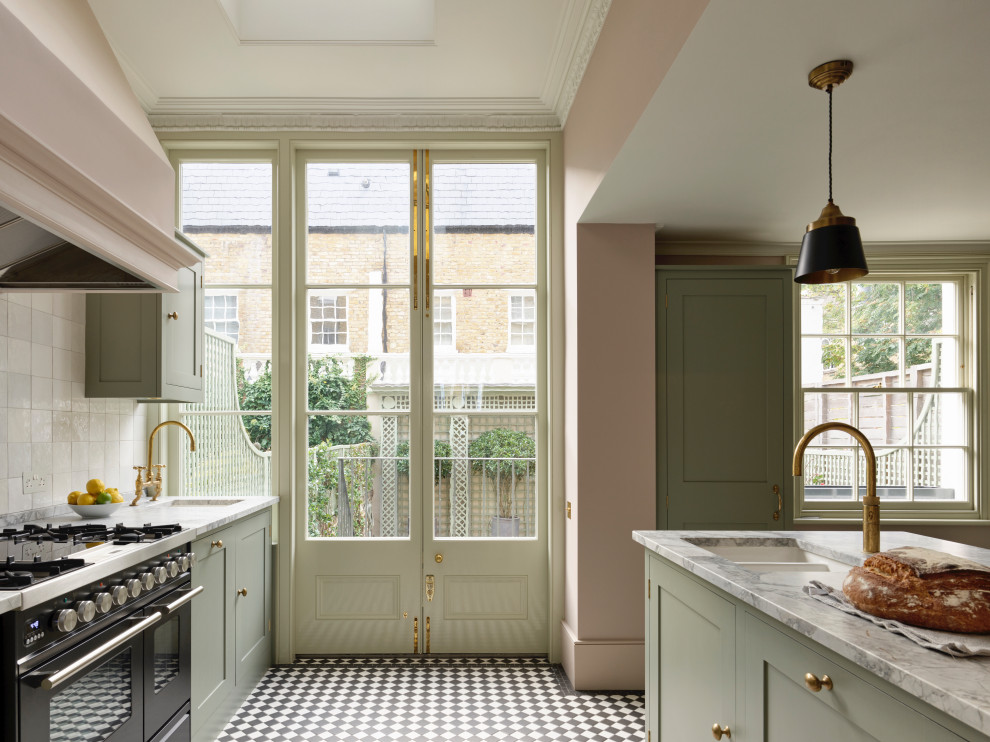 Design ideas for a large traditional galley separate kitchen in London with a single-bowl sink, beaded inset cabinets, grey cabinets, marble benchtops, grey splashback, marble splashback, coloured appliances, porcelain floors, with island, multi-coloured floor and grey benchtop.