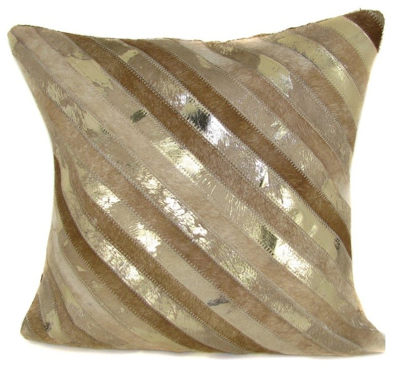 Design Accents Leather Pillow - Beige / Gold - SGC106DIAGONALSTRIPE20X20BEIGEGOL