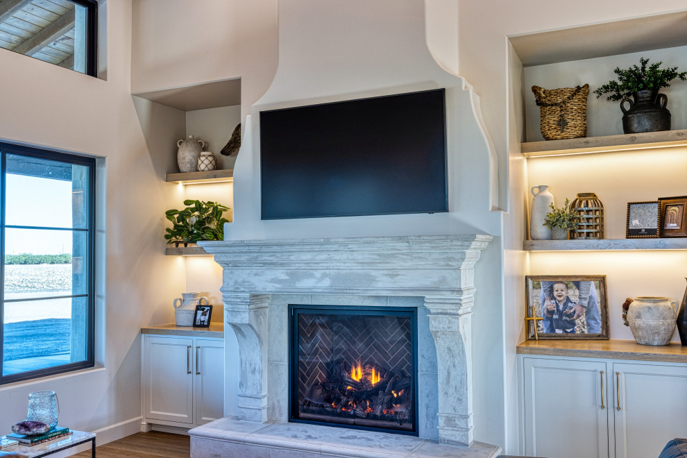 Stone Fireplace with Custom Built-In Shelving | Tuscan Farmhouse