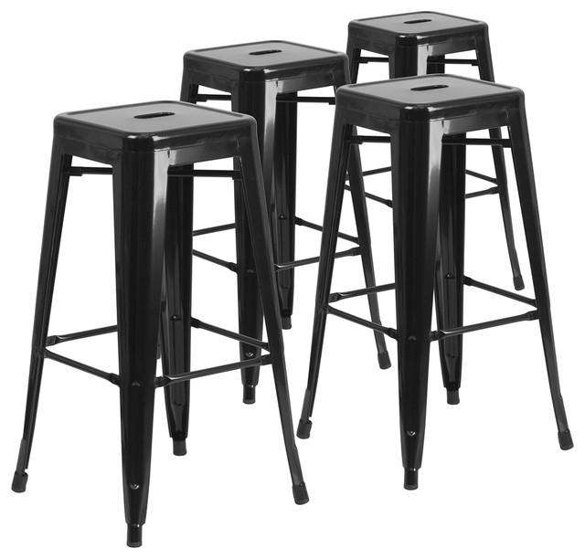 30" High Backless Black Indoor/Outdoor Barstools With Square Seat, Set of 4