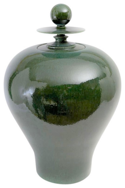 Luxe Fat Oversize MidCentury Modern Ginger Jar  Emerald Green Finial Decorative