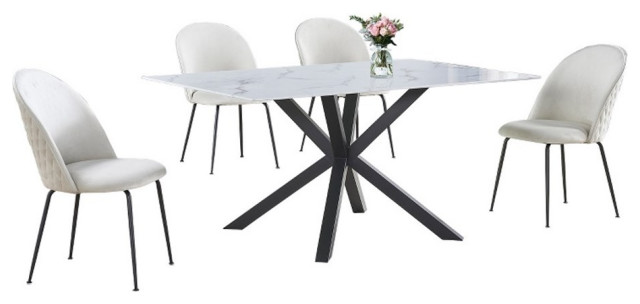 5pc White Marble Wrapped Dining Table with Tempered Glass and Beige Chairs