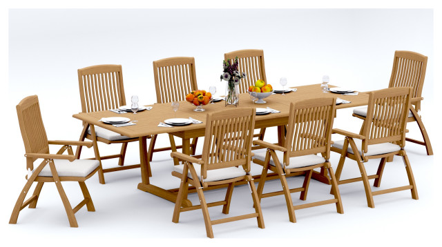 9-Piece Outdoor Teak Dining: 117" Masc Rectangle Table, 8 Marley Folding Chairs