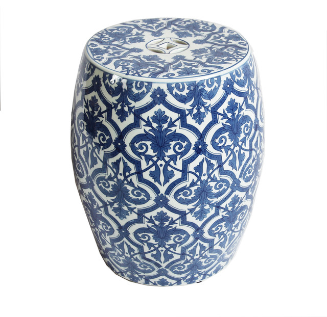 Blue and White Ceramic Garden Stool   Mediterranean   Accent And 