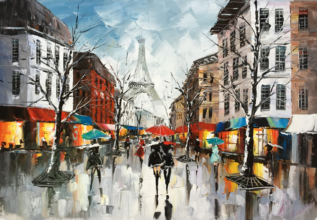 "Rainy Paris Streets XIII" Oil Painting Print on Wrapped Canvas; Modern Fine Art