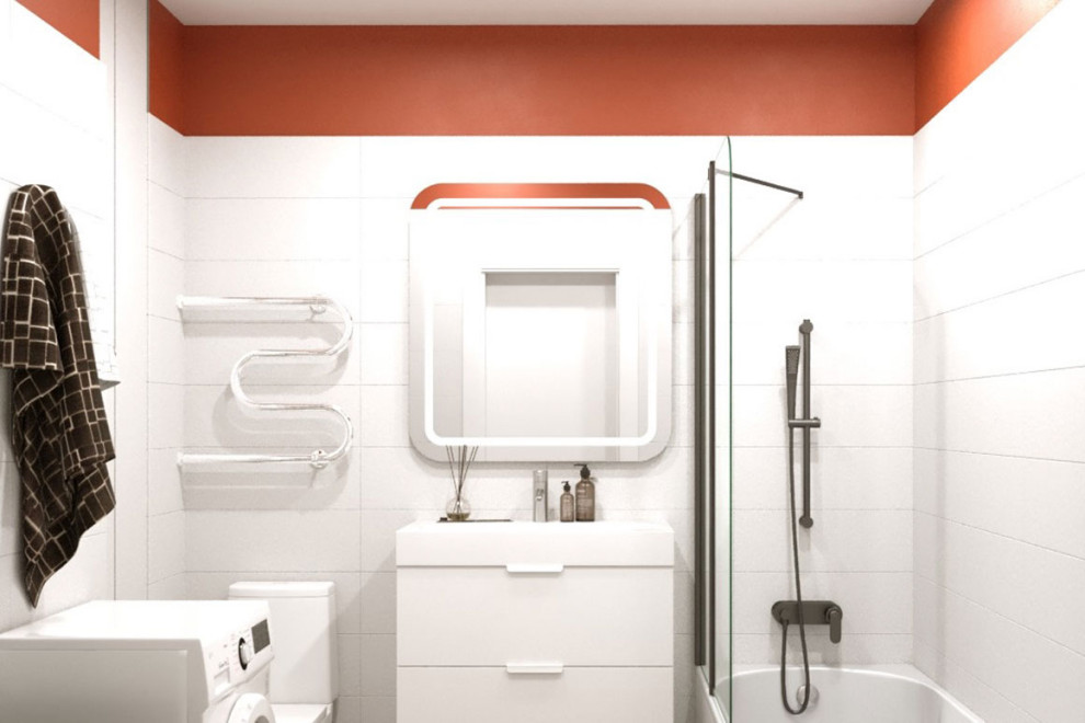Дизайн ванной комнаты с белым кафелем и окраской