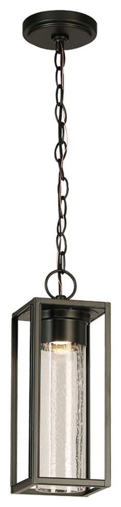 Walker Hill, 15" LED Outdoor Pendant, Matte Black Finish, Clear Seedy Glass