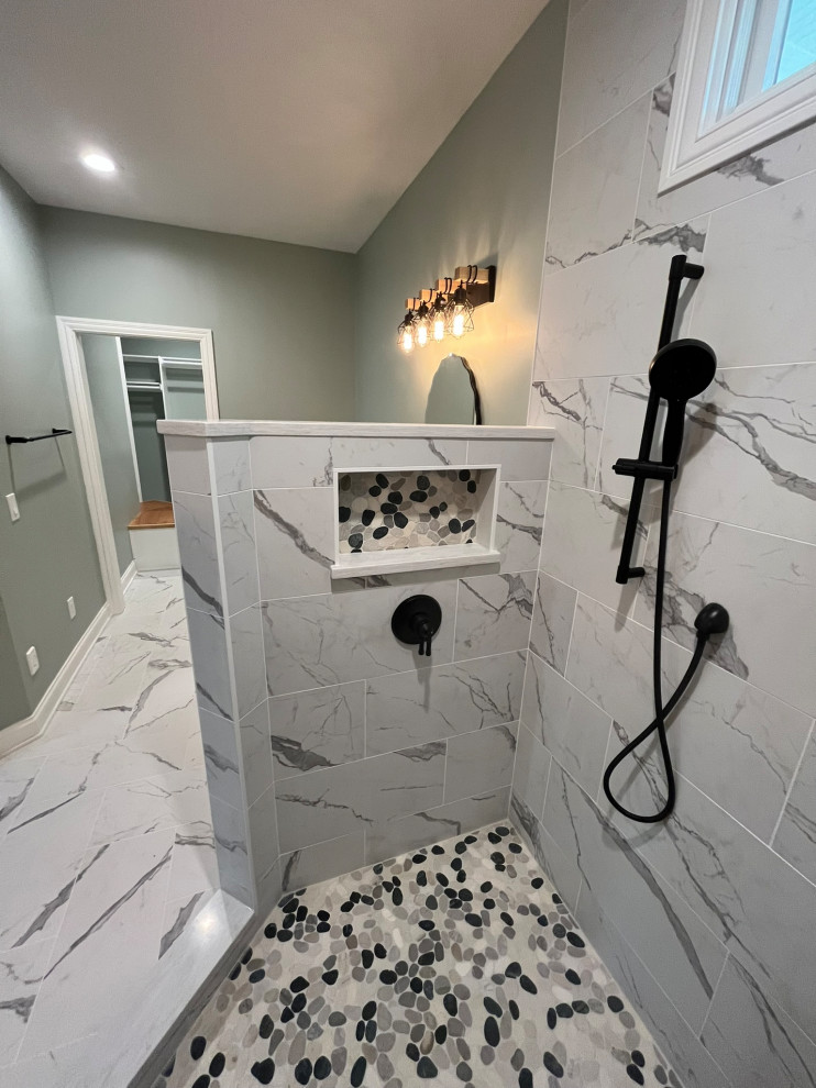 Modern Bathroom with Dual Vanities and Walk-In Shower
