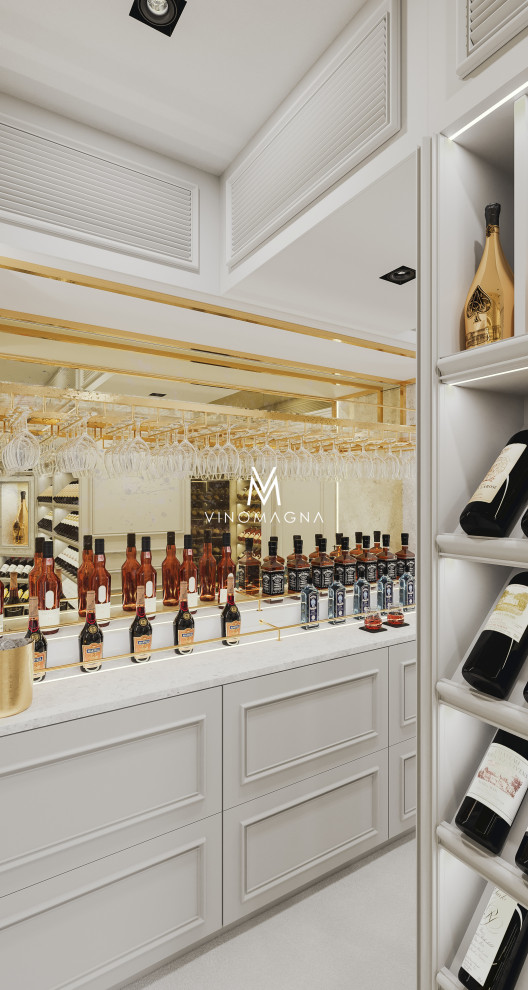 This is an example of a large modern wine cellar in London with porcelain floors, display racks and white floor.