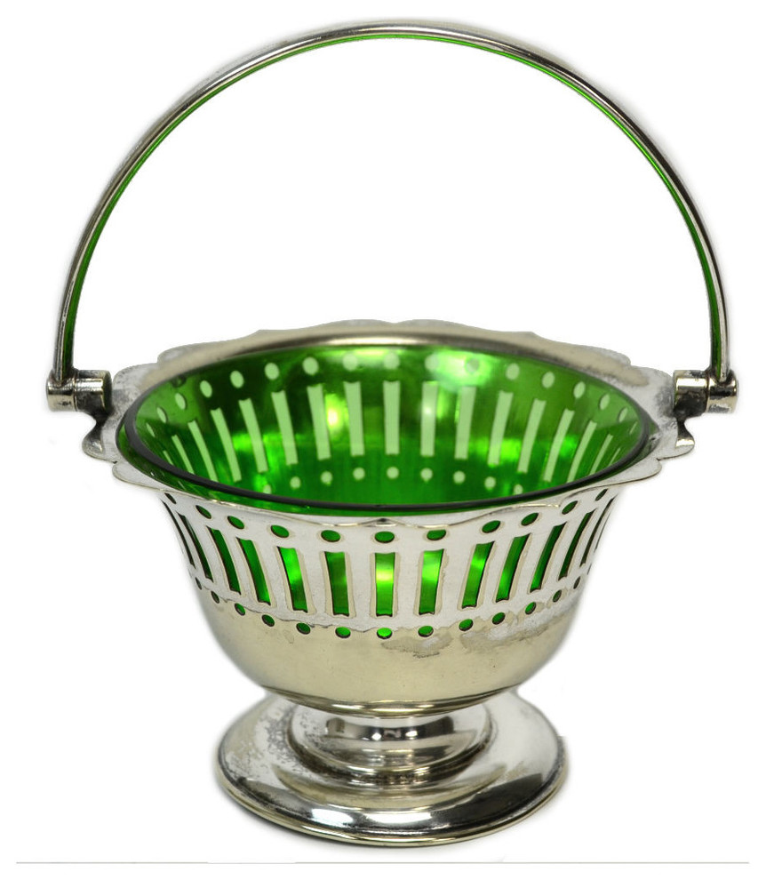 Consigned Silver Plated & Green Glass Small Sauce Serving Bowl