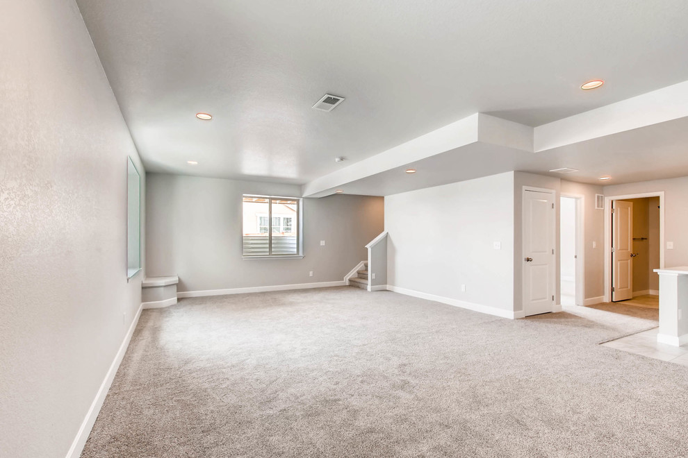 Large underground carpeted and gray floor basement photo in Denver with gray walls and no fireplace