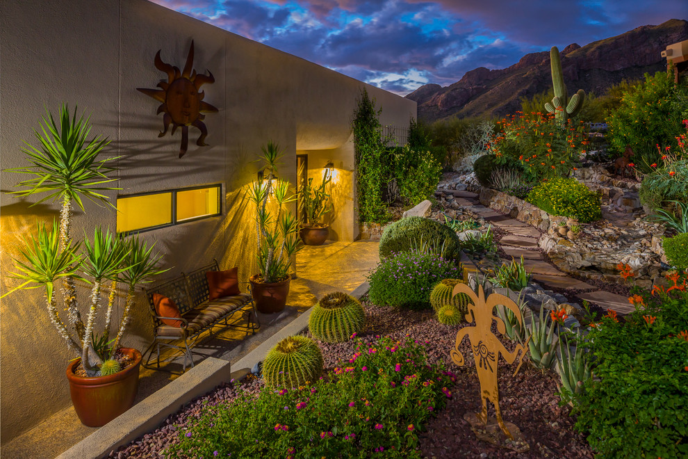 This is an example of a xeriscape in Phoenix with a retaining wall.