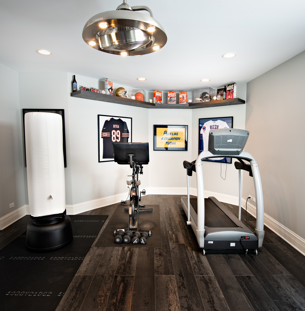 Mid-sized transitional multipurpose gym in Chicago with grey walls, vinyl floors and multi-coloured floor.