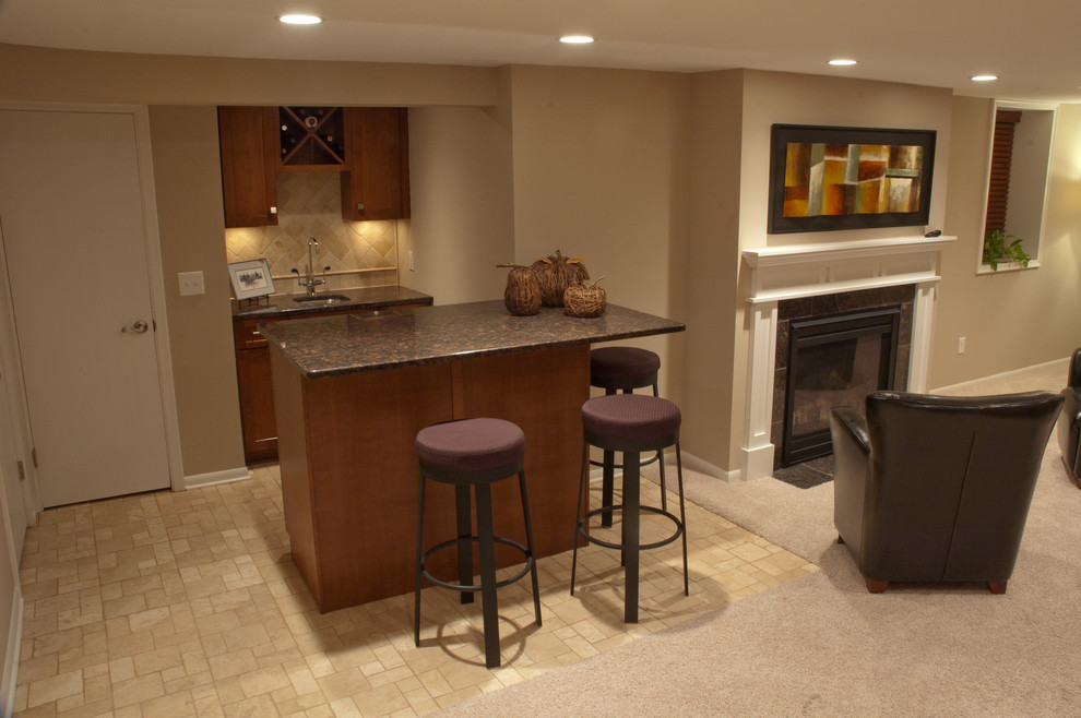 This is an example of a mid-sized contemporary galley wet bar in Minneapolis with an undermount sink, dark wood cabinets, granite benchtops, beige splashback, ceramic splashback, ceramic floors and beige floor.