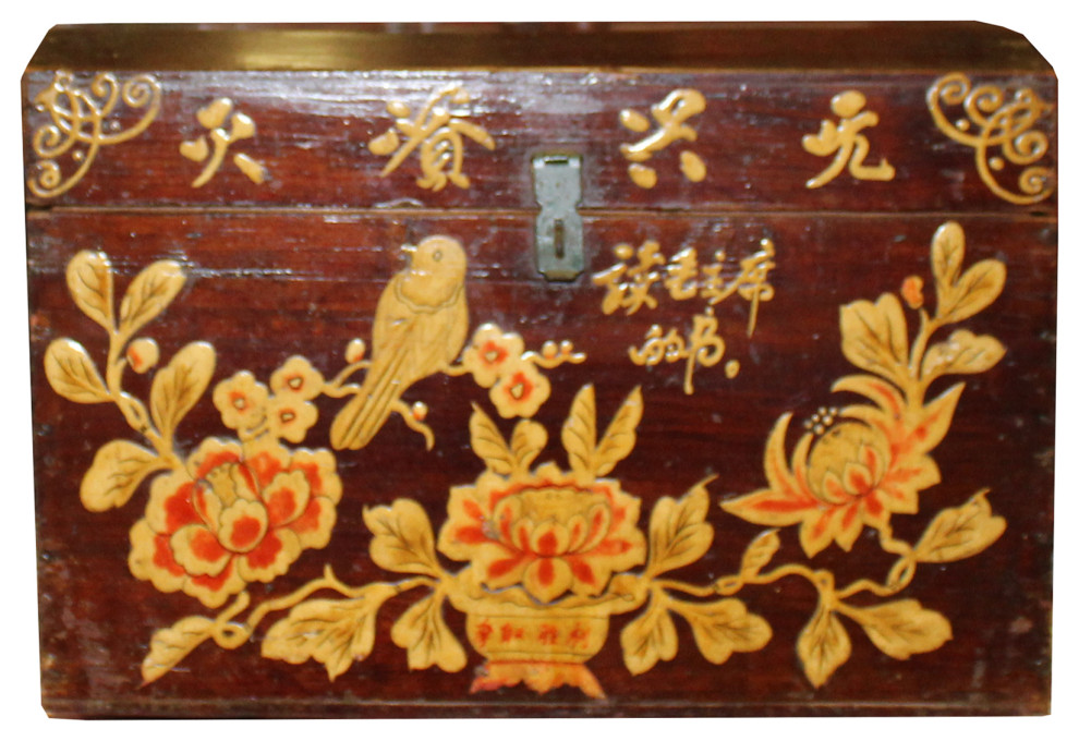 Chinese Vintage Brown Floral Bird Theme Trunk Box Chest Hcs5595 Asian