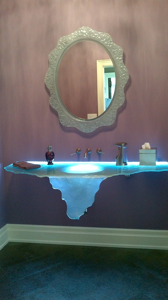 Example of a mid-sized transitional home design design in Toronto with glass countertops and purple walls