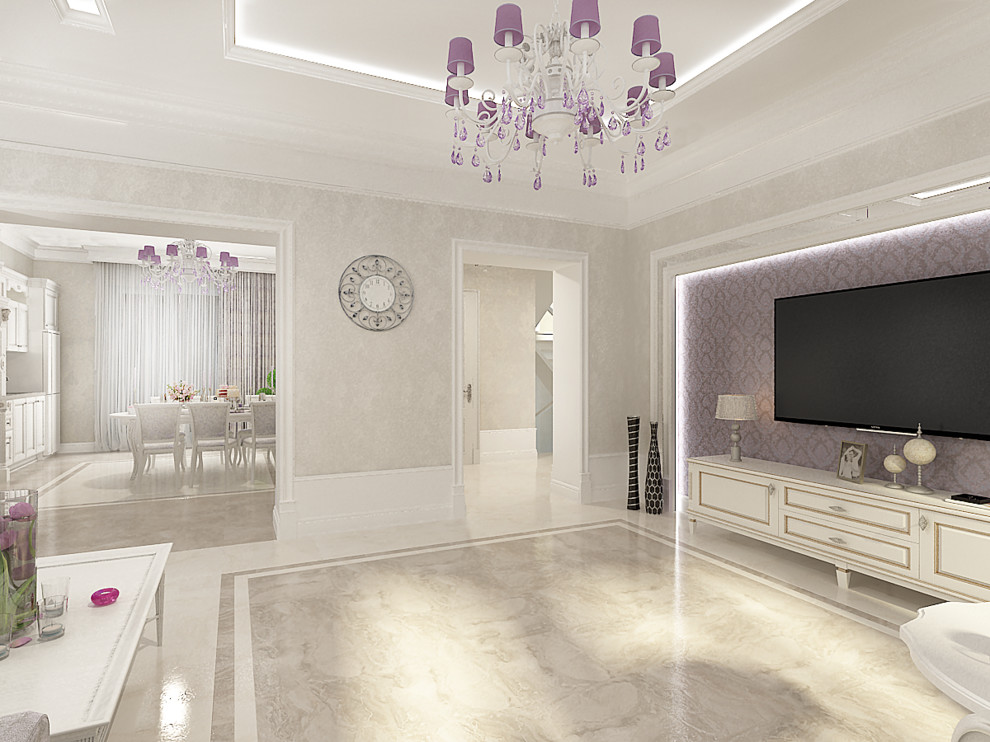 Кухня и гостиная в светлых тонах с сиреневыми акцентами