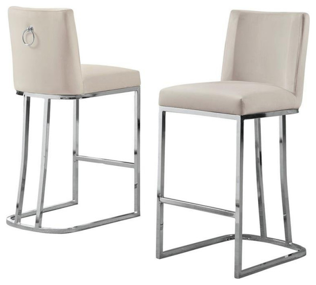 Velvet Counter Height Chairs in Beige Cream Velvet and Silver Chrome (Set of 2)