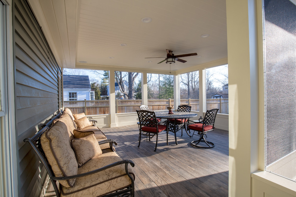 Photo of a transitional backyard screened-in verandah in Cincinnati with a roof extension.
