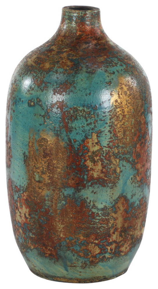 Large Patina Copper and Turquoise Handmade Ceramic Floor Vase