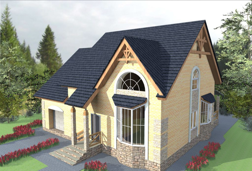 Индивидуальный жилой дом с большим окном и эркером в гостиной