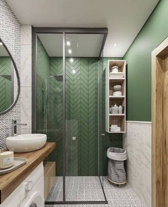 Proposition salle de bain vert celadon et chêne clair
