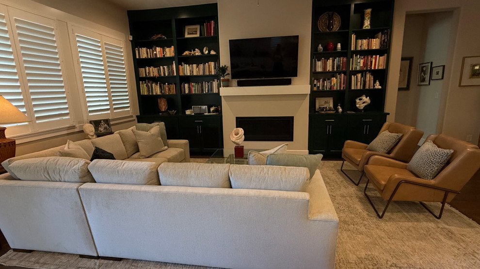 CREAM SECTIONAL & DARK GREEN BUILT-IN BOOKCASES