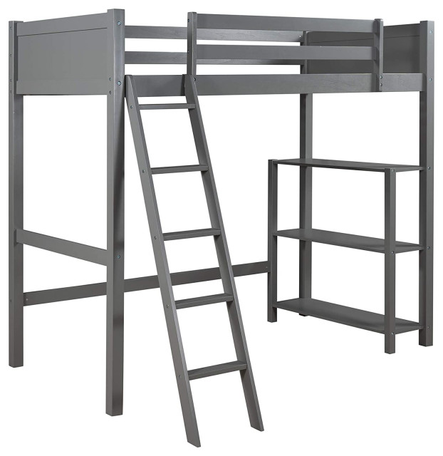 Contemporary Loft Bed Pine Wood Frame, Acme Freya Loft Bed With Bookcase Ladder