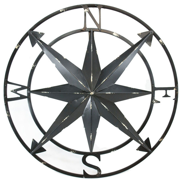 20 Inch Distressed Black Finish Metal Compass Rose Nautical Wall