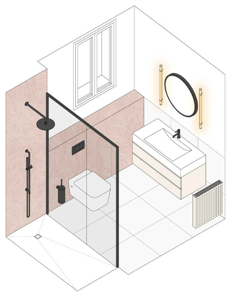 Idéer för små funkis en-suite badrum, med möbel-liknande, bruna skåp, en kantlös dusch, en vägghängd toalettstol och dusch med skjutdörr