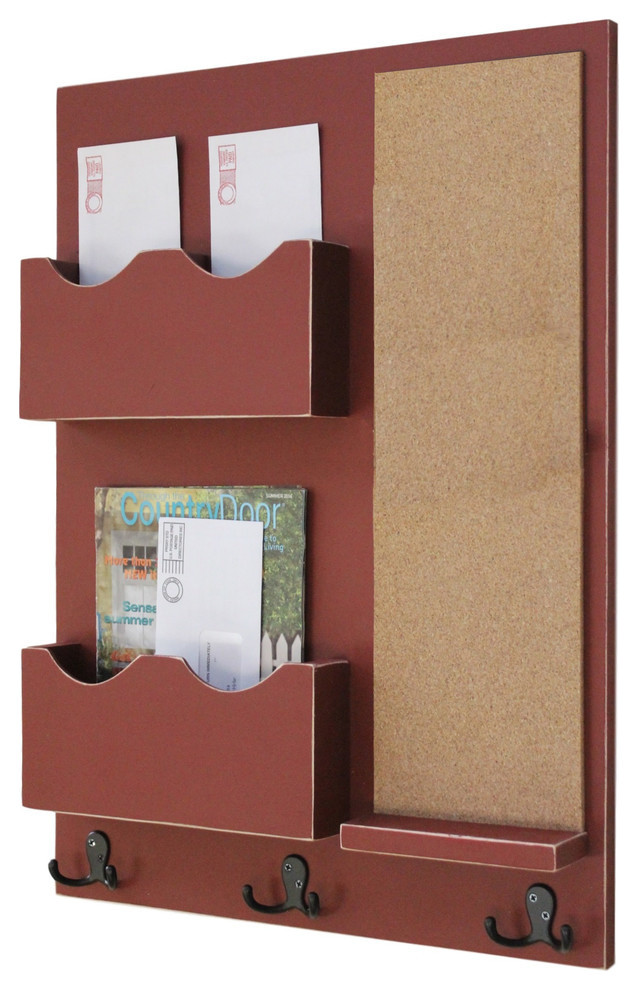 Mail Organizer With Cork Board, Coat Hooks and Double Mail Slots
