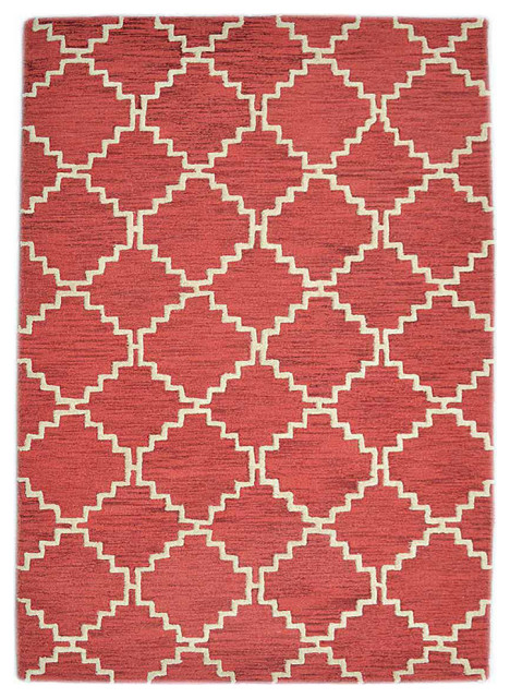 Hand Tufted Wool Area Rug Geometric Red White, [Rectangle] 5'x8 ...