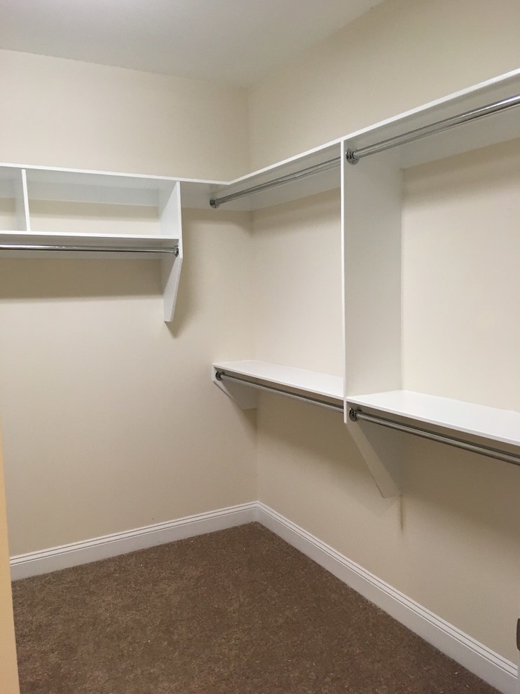 Photo of a mid-sized transitional gender-neutral walk-in wardrobe in Raleigh with open cabinets, white cabinets, carpet and brown floor.