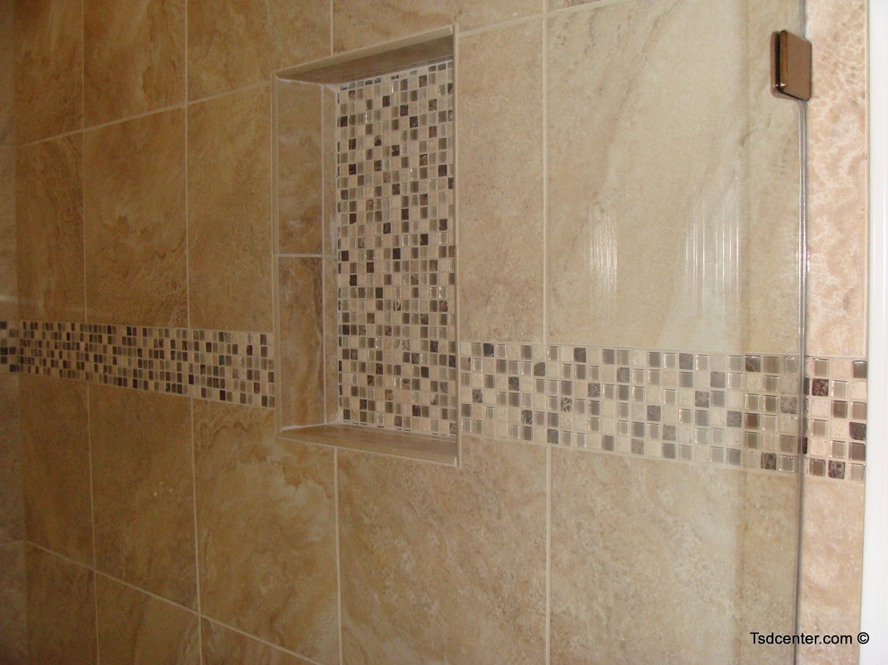 Inspiration for a transitional multicolored tile and porcelain tile porcelain tile home design remodel with an undermount sink and white cabinets