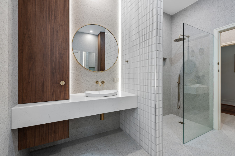 Design ideas for a contemporary bathroom in Melbourne with white cabinets, a single vanity and a built-in vanity.