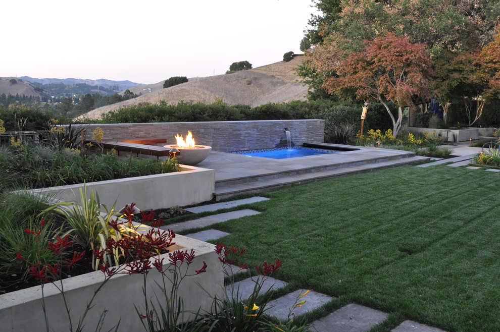 Design ideas for a modern garden in San Francisco with a water feature.