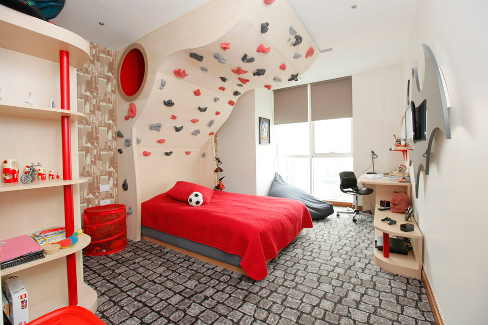 Example of a bedroom trendy boy kids' bedroom design with white walls