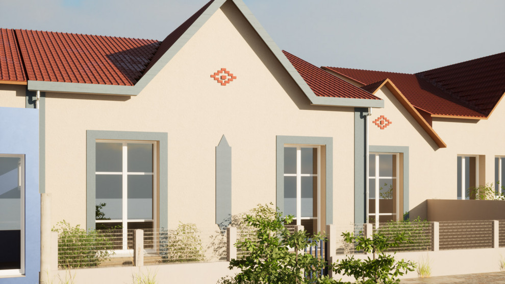 Cette image montre une façade de maison mitoyenne blanche marine en stuc de taille moyenne et de plain-pied avec un toit à deux pans, un toit en tuile et un toit rouge.