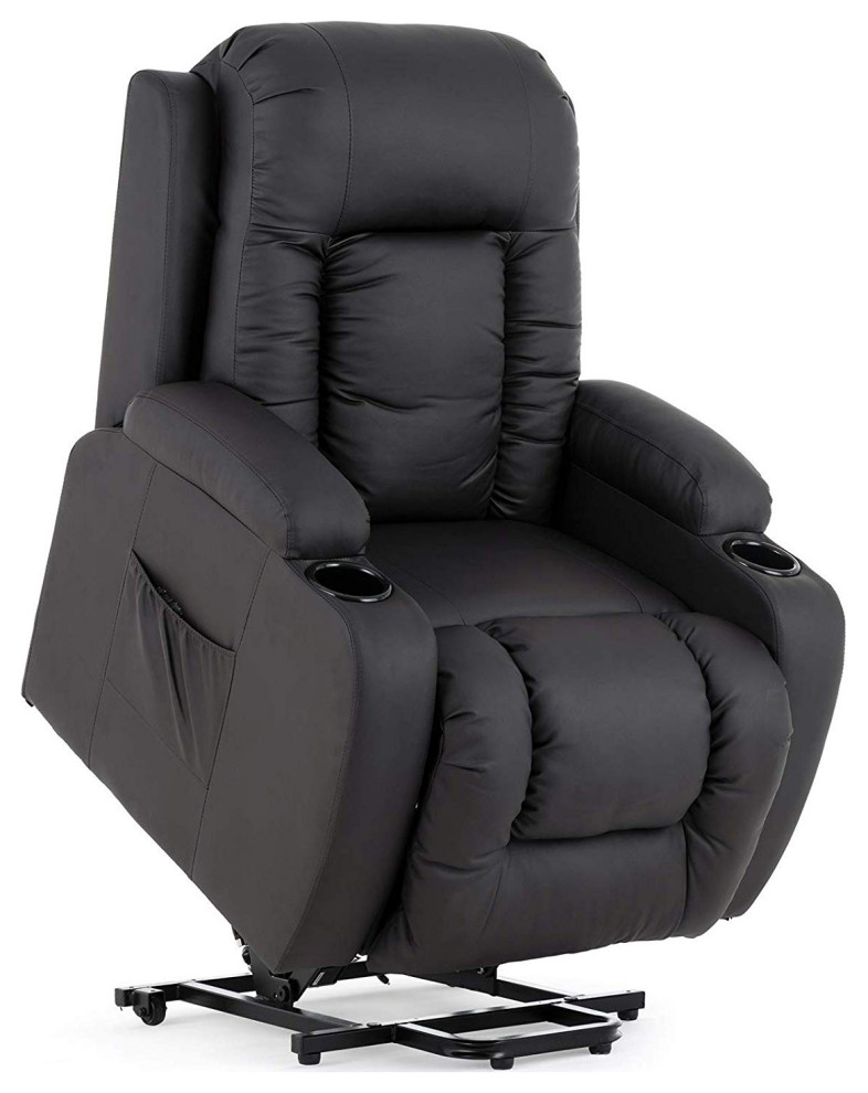Recliner, Black PU Leather With Cup Holder, Massage and Heat, Power