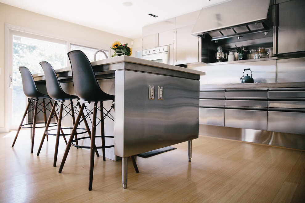 Open concept kitchen - mid-sized contemporary l-shaped light wood floor and beige floor open concept kitchen idea with a double-bowl sink, flat-panel cabinets, stainless steel cabinets, stainless steel countertops, metallic backsplash, stainless steel appliances and an island