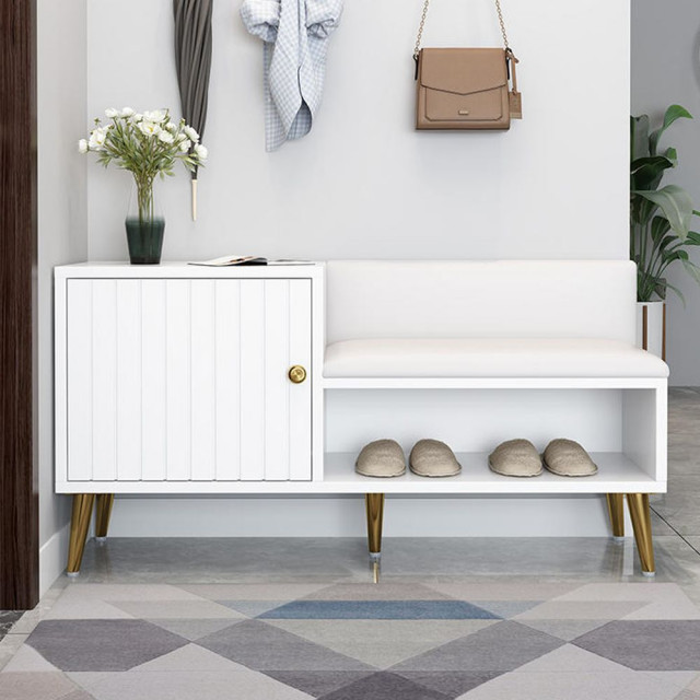 White Contemporary Upholstered Shoe Rack Bench with Storage