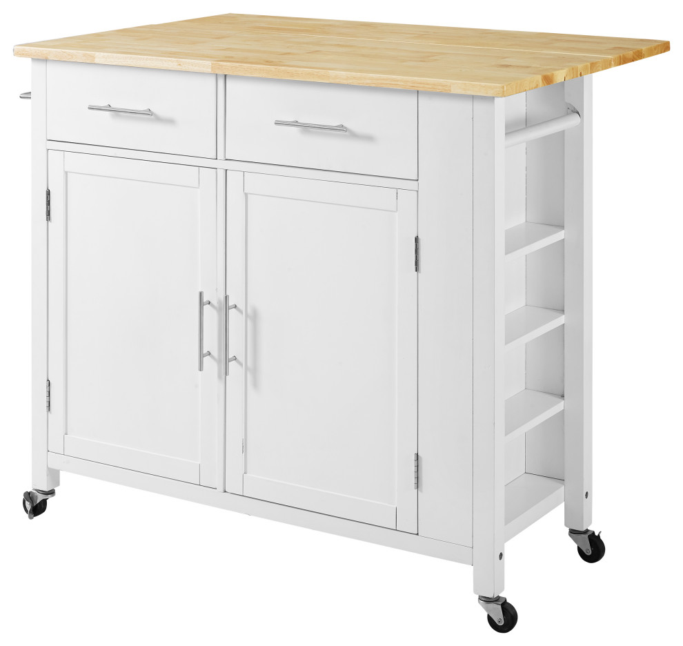 Savannah Wood Top DropLeaf Kitchen Island Cart, White/Natural