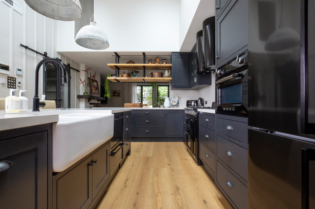 Kitchen with hand painted Glass panel doors transitional-kitchen