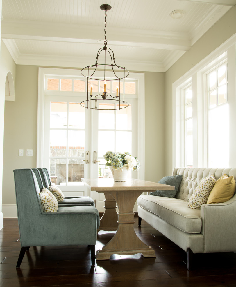 Inspiration for a traditional dining room in Vancouver with beige walls and dark hardwood floors.